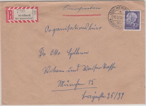 BRD - Mehlbach ü. Kaiserslautern Poststelle I Einschreibebrief n. München 1959