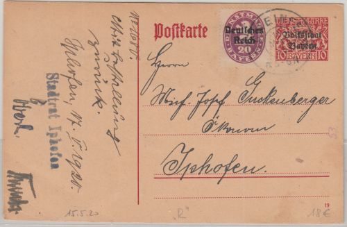 Bayern/DR - 10 Pfg. Staatswappen/Volksstaat u.a. Karte Scheinfeld 15. MAI 20