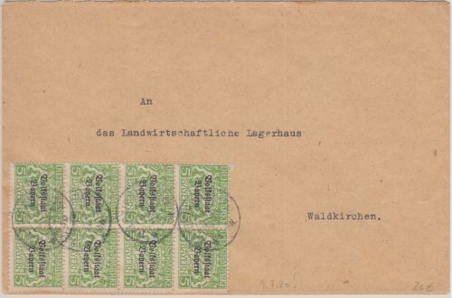 Bayern - 5 Pfg. Staatswappen/Volksstaat 8er-Block Ortsbrief Waldkirchen 9.7.20