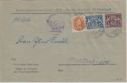 Bayern - 1M. Staatswappen u.a. Ortszustellurkunde Mühldorf 22.5.20