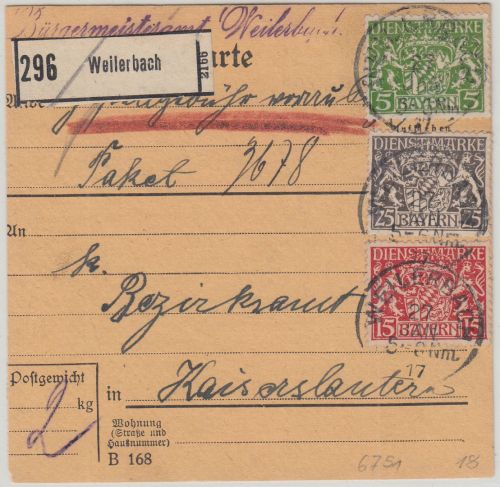 Bayern - 25+15+5 Pfg. Staatswappen Paketkarte Weilerbach - Kaiserslautern 1917