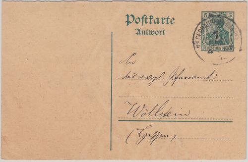 Bayern - Niederhausen a./A. 1912 Fremdentwertung 5 Pfg. Germania GA/Antwortteil