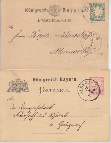 Bayern - Alsenz K1 (Typ 19a+23b) je 5 Pfg. Ganzsache 1877 + 1883