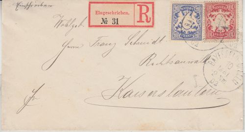 Bayern - 10+20 Pfg. Wappen Einschreibebrief Bayernfeld-Cölln Kaiserslautern 1902