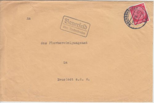 DR - Bayernfeld ü. Rockenhausen Landpost-Ra2 Brief n. Neustadt 1936