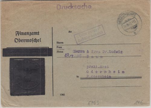 FZ-Rheinl.Pfalz - Obermoschel 1947 Taxe percue/Gebühr bezahlt Ra2 Drucksache