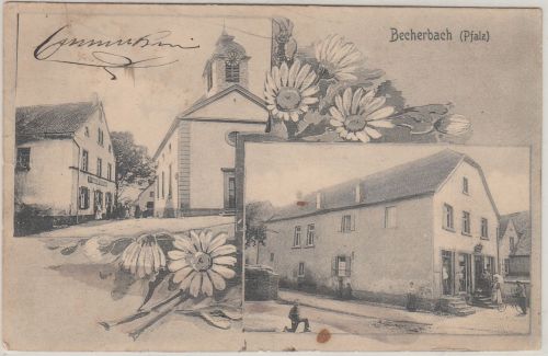 Bayern/Pfalz - Becherbach Gasthaus Geschäft Kirche sw-Mehrbild-AK gelaufen 1907