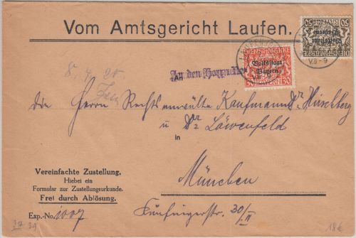 Bayern - 30+50 Pfg. Staatswappen/Volksstaat Zustellurkunde Laufen 7. APR 20