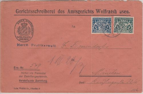 Bayern - 60+20 Pfg. Staatswappen Zustellurkunde Wolfratshausen - München 1920