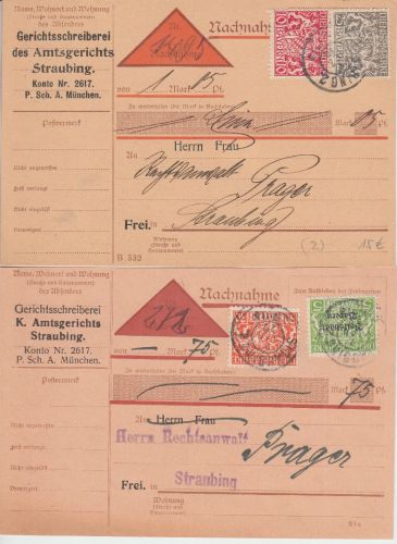 Bayern - Staatswappen 2 Orts-Nachnahmekarten Straubing 1919/1920