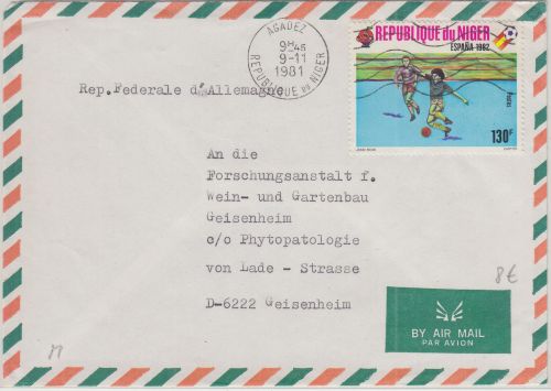 Niger - 130 Fr. Fussball WM Spanien Luftpostbrief Agadez - Geisenheim 1981