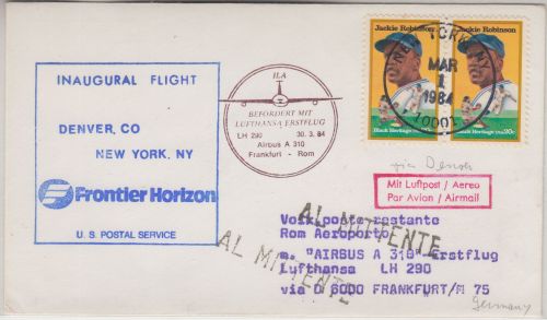 USA - 2x20 C. Jackie Robinson Baseball Zuleitungspost LH-Erstflug FFM - Rom 1984