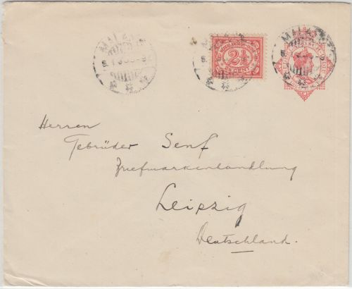 Niederl. Ind. - 12 1/2 C. Wilhelmine Ganzsache+Zusatz Brief Malang Leipzig 1930