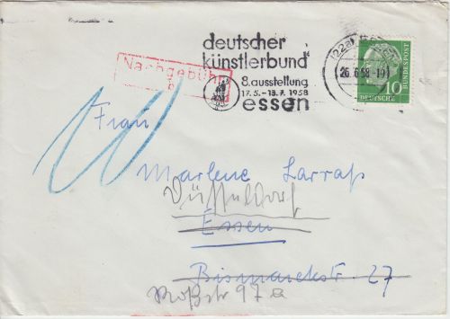 BRD - Deutscher Künstlerbund 8. Ausstellung Masch.werbestpl. Brief Essen 1958