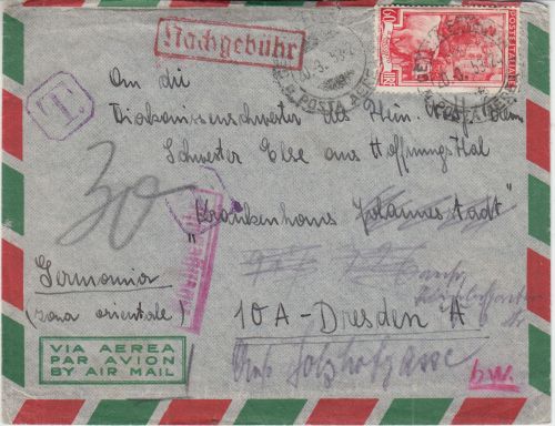 Italien - 60 L. Freimarke Luftpostbrief Genua Dresden 1953 Nachgebühr Irrläufer