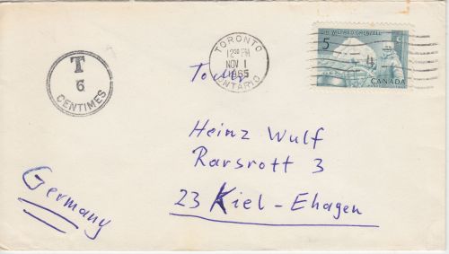 Canada - 5 C. 100. Geburtstag Grenfell Brief Toronto - Kiel 1965 Nachporto