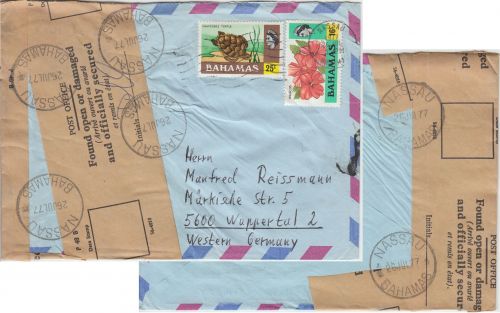 Bahamas - Nassau 1977 "Found open or damaged" Luftpostbrief n. Wuppertal