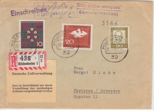 BRD - "Darf in Deutschland nur.." Zollaufkleber Einschreibebrief Hildesheim 1964