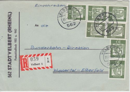 BRD - 7x10 Pfg. Bed. Deutsche Einschreibebrief Velbert - Wuppertal 1964