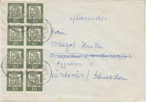 BRD - 10 Pfg. Bed. Deutsche 8er-Block Brief n. SCHWEDEN Lübeck - Nästeras 1966