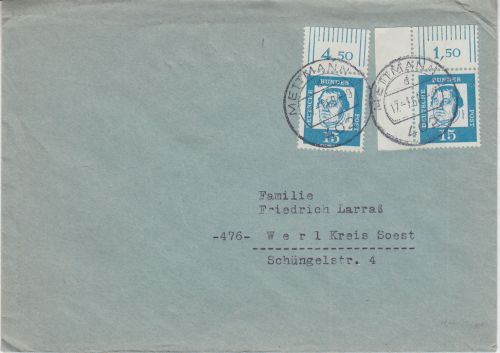 BRD - 2x15 Pfg. Bed. Deutsche BOGENECKE + OR Brief Mettmann - Werl 1968
