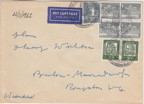 Berlin - 4x1 Pfg. Brandenburger Tor u.a. Luftpostbrief Bad Soden - Berlin 1962