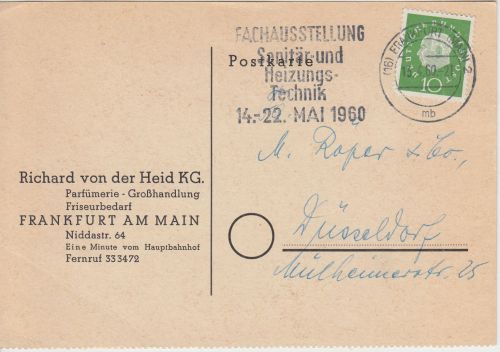 BRD - Fachausstellung Sanitär Heizung Masch.werbestempel Karte Frankfurt 1960
