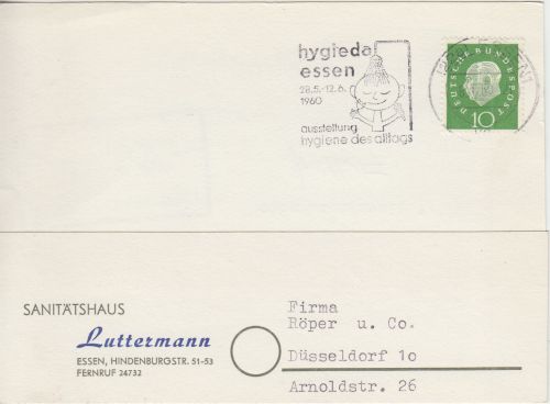 BRD - Essen Ausstellung Hygieda Masch.werbestempel Karte n. Düsseldorf 1960