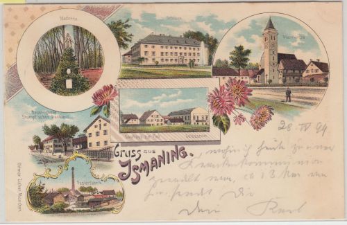 Bayern - Ismaning Papierfabrik Gasthaus etc. Mehrbild-Farblitho gelaufen 1894