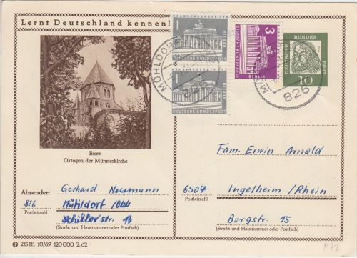 BRD - 10 Pfg. Dürer Bildganzsache + Brandenburger Tor Mühldorf - Ingelheim 1964
