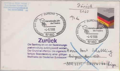 BRD/Postkrieg - 80 Pfg. 40 J. Vertreibung Brief i.d. DDR SST Düren 1986