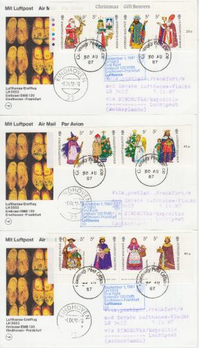 Guernsey - Weihnachten 1985 3 Lufthansa Erstflugbelege Eindhoven - FFM 1987