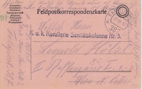 Österreich - KuK Kavallerie Sanitätskolonne Nr.3 L1 Feldpostkarte n. Wien 1917