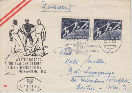 Österreich - 2x1 S. Weltkongress Gewerkschaften u.a. Schmuckkuvert/FDC Wien 1955