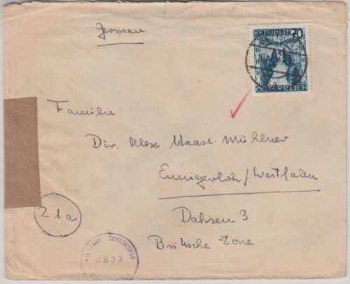 Österreich - 70g Landschaften Zensurbrief Bad Ischl - Ennigerloh 1947