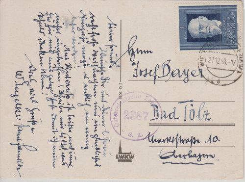 Österreich - 1 S. Renner Zensurkarte Wieselburg - Bad Tölz 1948