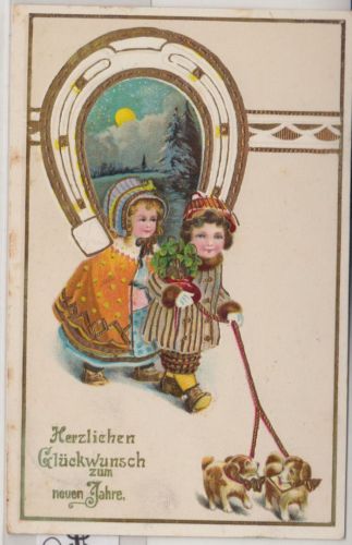 Glückwunsch - Neujahr Hufeisen Kinder Hunde Prägekarte gelaufen Grafing 1913