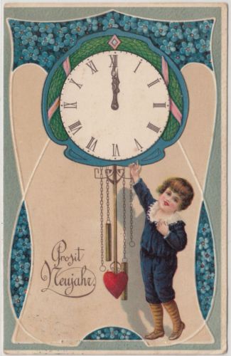 Glückwunsch - Neujahr Uhr Kind Jugendstil Prägekarte gelaufen Leimeritz 1911