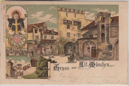 Bayern - München Alt-München Schuldturm fabr. Mehrbildlitho gelaufen 1900