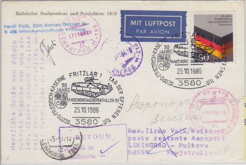BRD/Postkrieg - 80 Pfg 40 J. Vertreibung Lupo-karte i.d. UdSSR SST Fritzlar 1986