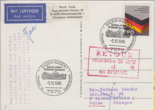 BRD/Postkrieg - 80 Pfg 40 J Vertreibung Lupo-karte n. POLEN SST Baden-Baden 1986