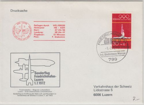 BRD - Helikopterpost Friedrichshafen Luzern 1972 Heliswiss SST Friedrichshafen