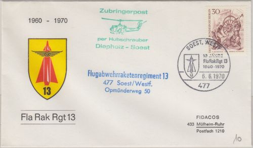 BRD - Zubringerpost Hubschrauber Diepholz Soest Schmuckkuvert SST Soest 1970