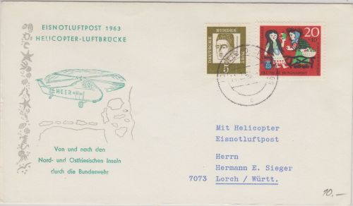 BRD - Eisnotluftpost 1963 Helicopter Luftbrücke Schmuckkuvert Spiekeroog