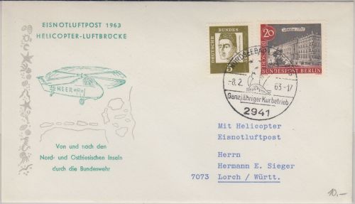 BRD Eisnotluftpost 1963 Helicopter Luftbrücke Schmuckkuvert Nordseebad Langeoog