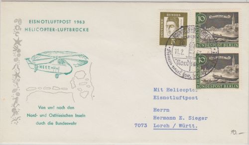 BRD Eisnotluftpost 1963 Helicopter Luftbrücke Schmuckkuvert Nordseebad Langeoog