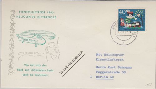 BRD - Eisnotluftpost 1963 Helicopter Luftbrücke Schmuckkuvert Nordseebad Juist