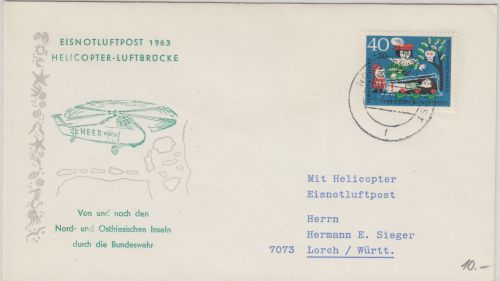 BRD - Eisnotluftpost 1963 Helicopter Luftbrücke Schmuckkuvert Nordseebad Juist