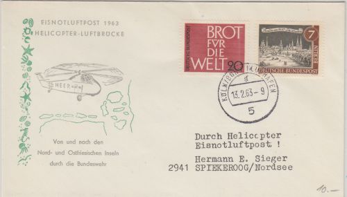 BRD - Eisnotluftpost 1963 Helicopter Luftbrücke Schmuckkuvert nach Spiekeroog