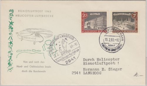 BRD - Eisnotluftpost 1963 Helicopter Luftbrücke Schmuckkuvert nach Langeoog